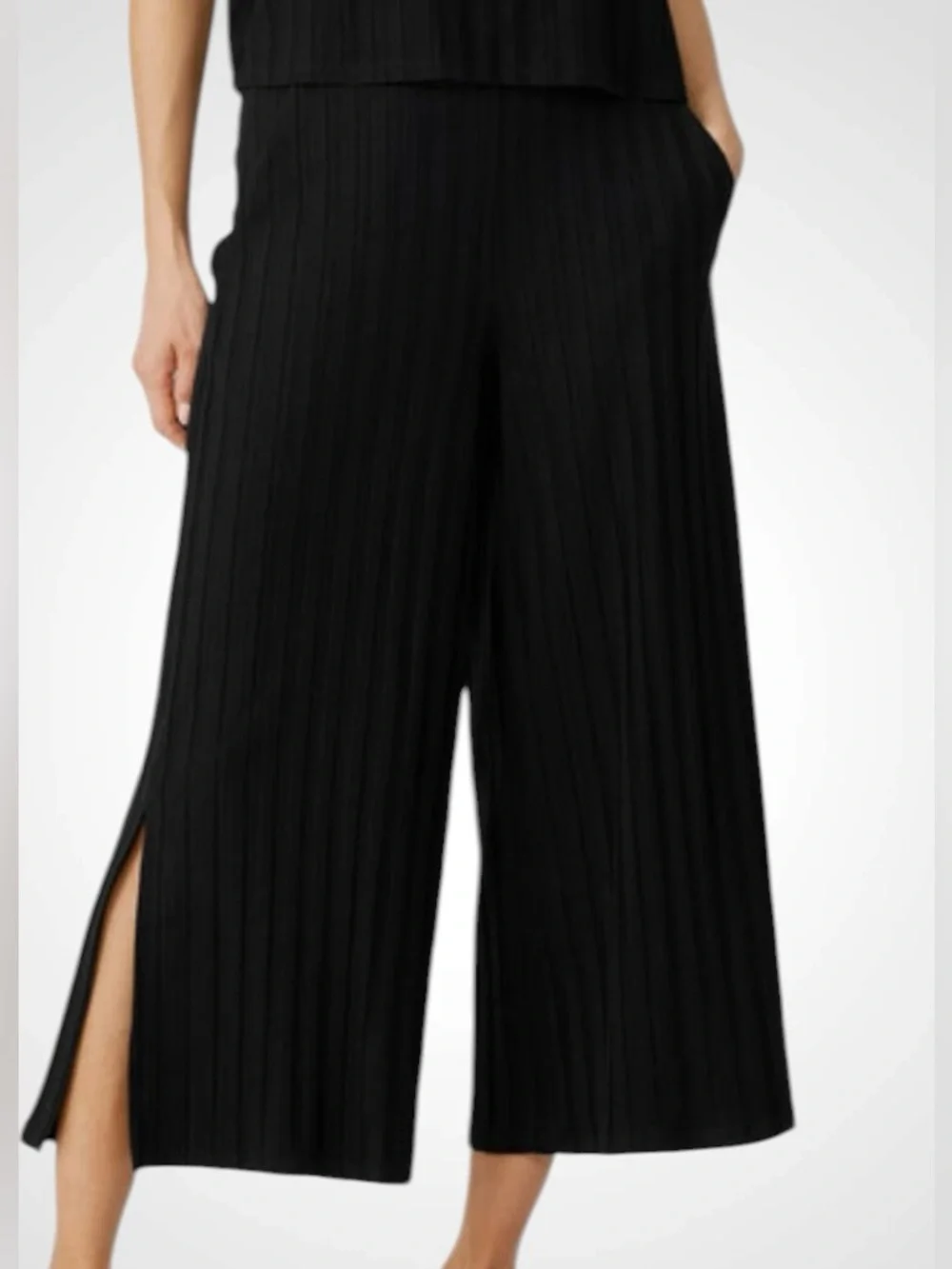 Eileen Fisher Black Ribbed Wide-Leg Cropped Pants with Side Slits NWOT Size M - Picture 2 of 14